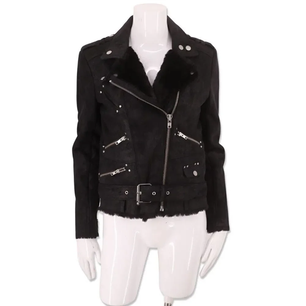 The Kooples black faux suede moto biker fur lined jacket vegan leather S - Picture 2 of 9